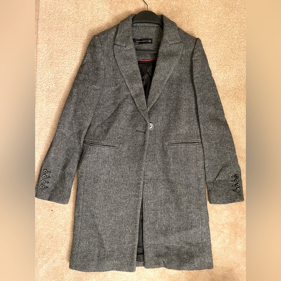 Zara Women’s Oversized Wool Blend Herringbone Grey Winter Trench Coat (XS) - Picture 2 of 6